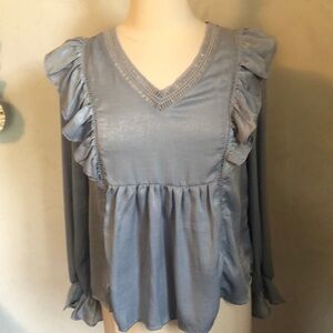 NWT Altard state Light Blue shiny blouse w/v-neck,ruffle & ribbon trim SizeSmall